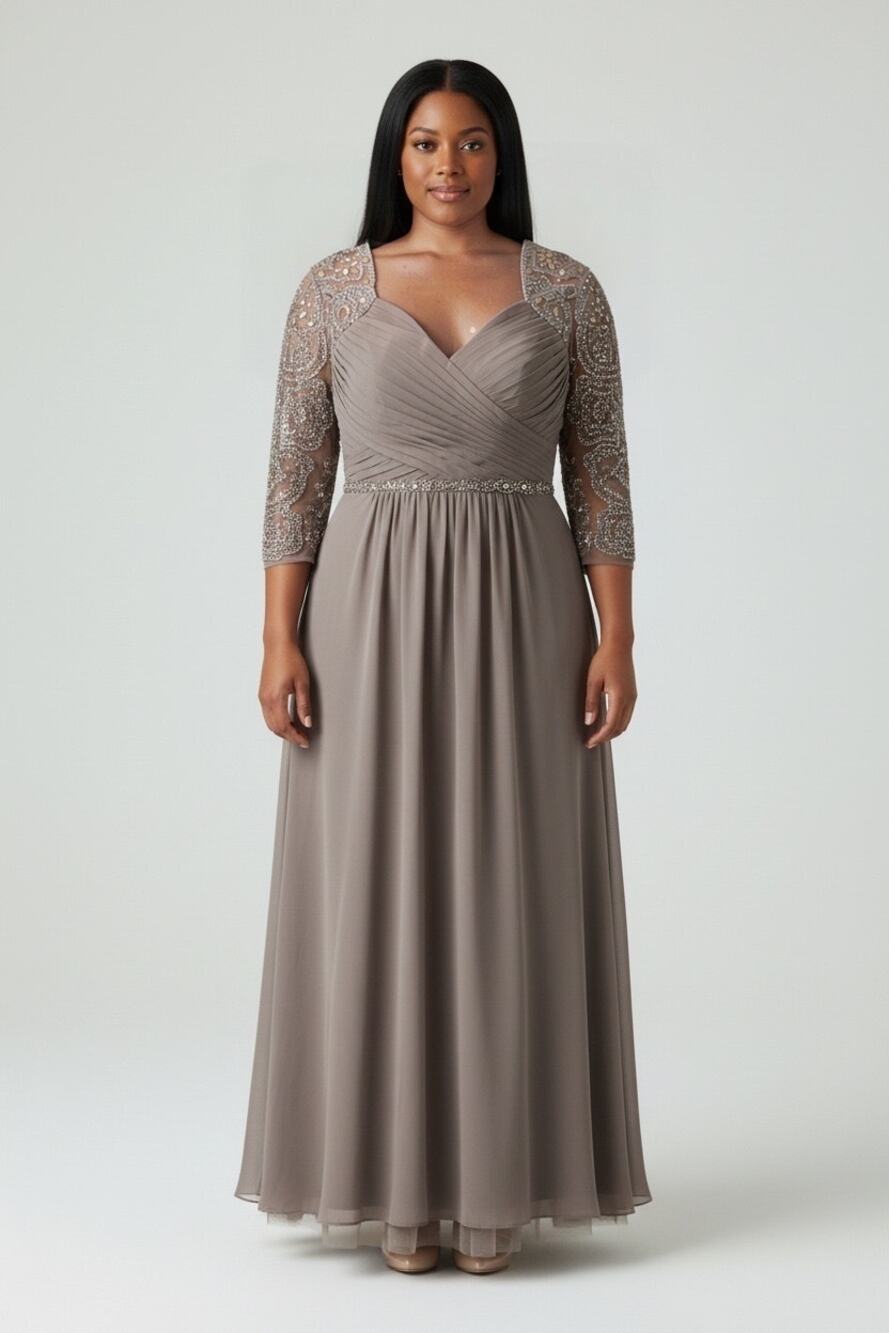 Size 14 Taupe Beaded Sleeve Formal Evening Gown Mother of the Bride Dress